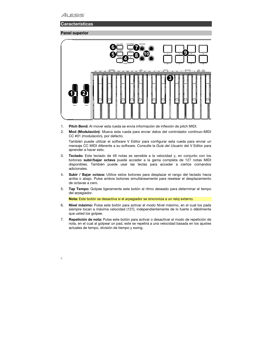 Características, Panel superior | ALESIS V49 MKII 49-Key USB MIDI Keyboard Controller User Manual | Page 8 / 24