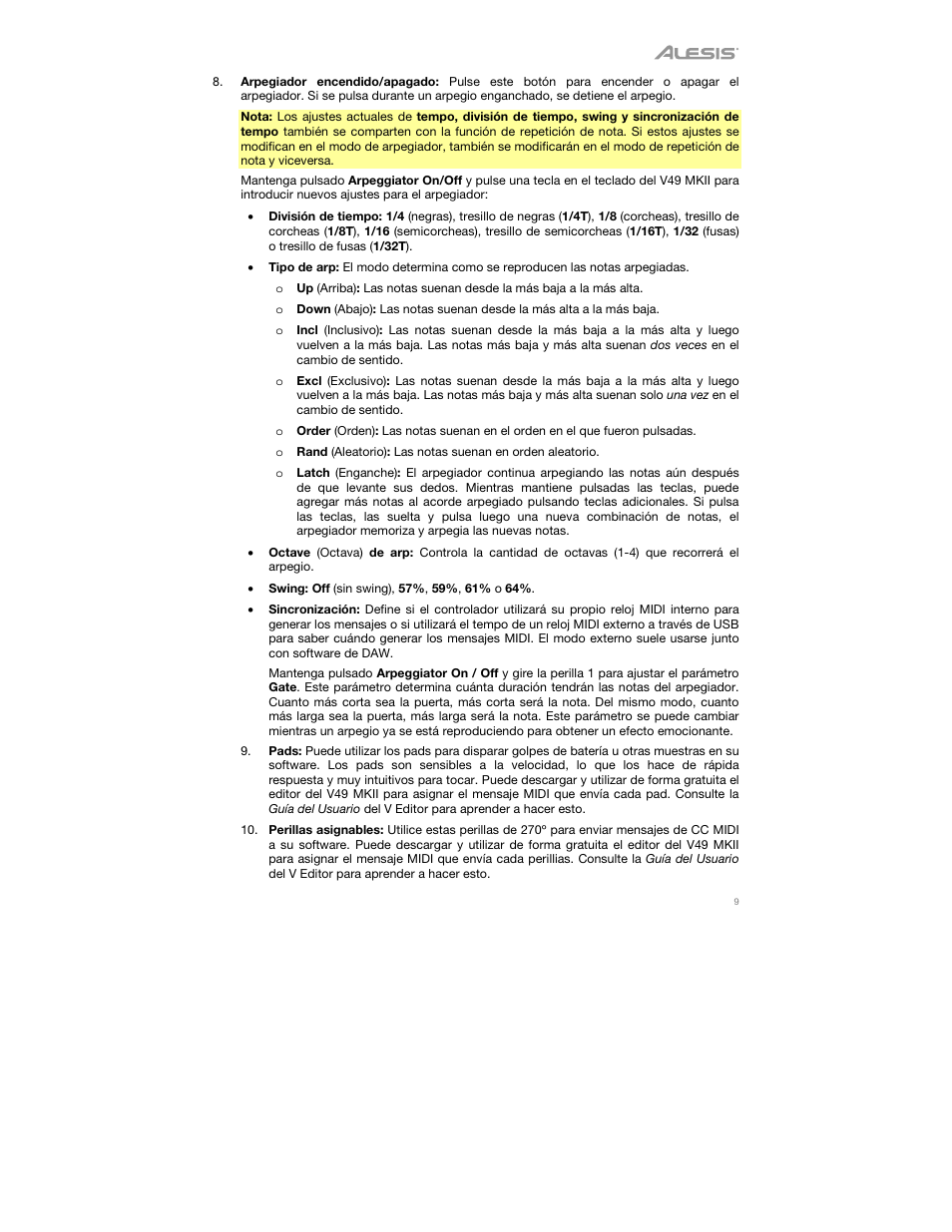 ALESIS V49 MKII 49-Key USB MIDI Keyboard Controller User Manual | Page 9 / 24