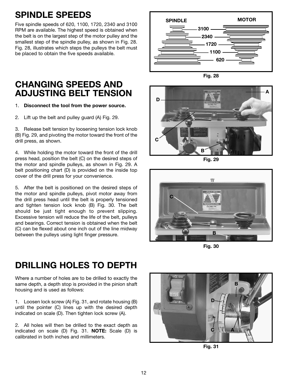 Spindle speeds, Changing speeds and adjusting belt tension, Drilling holes to depth | Delta 11-990C User Manual | Page 12 / 16