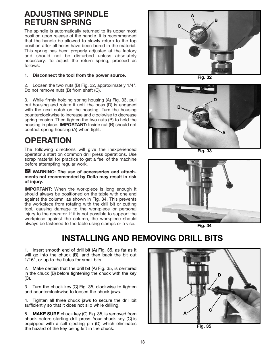 Adjusting spindle return spring, Operation, Installing and removing drill bits | Delta 11-990C User Manual | Page 13 / 16