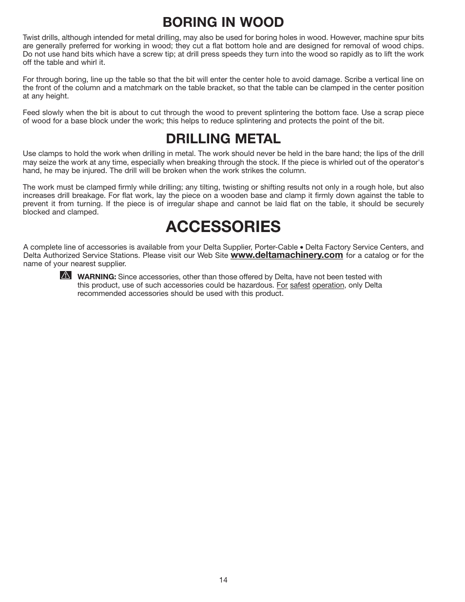 Accessories, Boring in wood, Drilling metal | Delta 11-990C User Manual | Page 14 / 16
