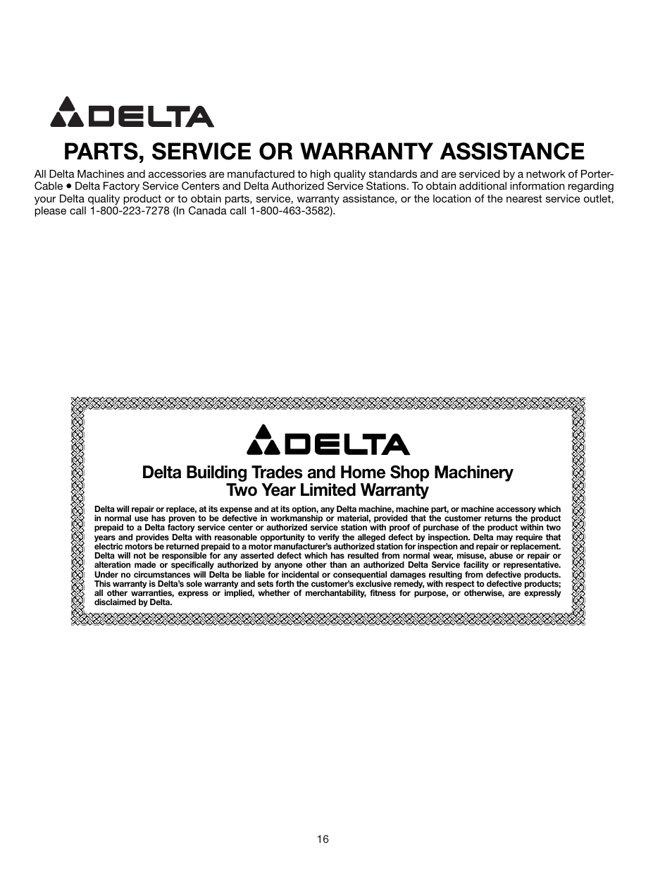 Parts, service or warranty assistance | Delta 11-990C User Manual | Page 16 / 16