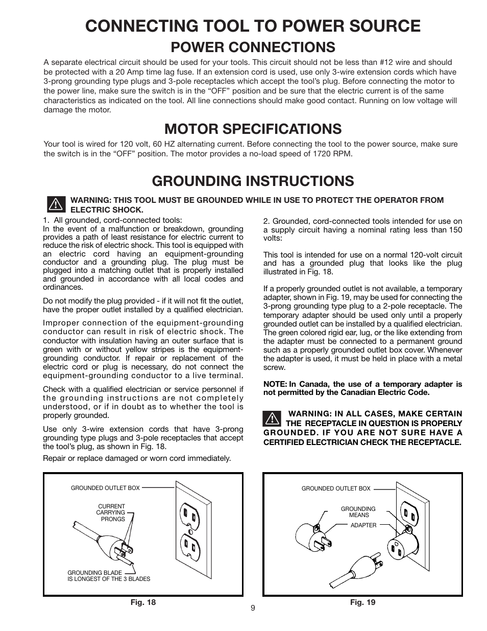 Connecting tool to power source, Power connections, Motor specifications | Grounding instructions | Delta 11-990C User Manual | Page 9 / 16