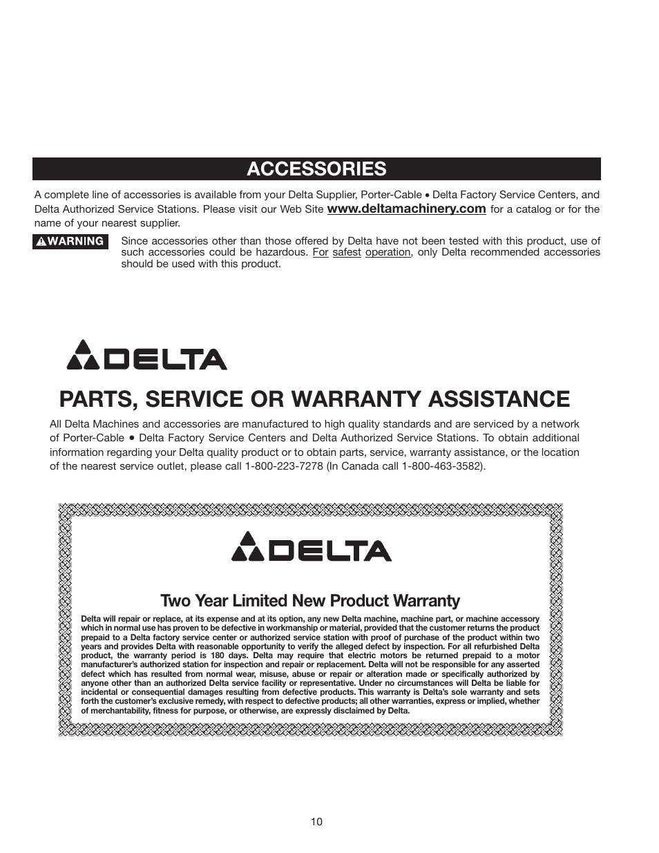 Parts, service or warranty assistance, Accessories, Two year limited new product warranty | Delta 50-875 User Manual | Page 10 / 11