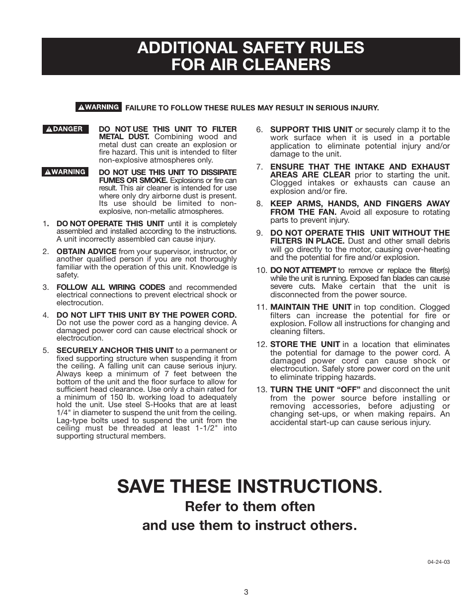 Save these instructions, Additional safety rules for air cleaners | Delta 50-875 User Manual | Page 3 / 11