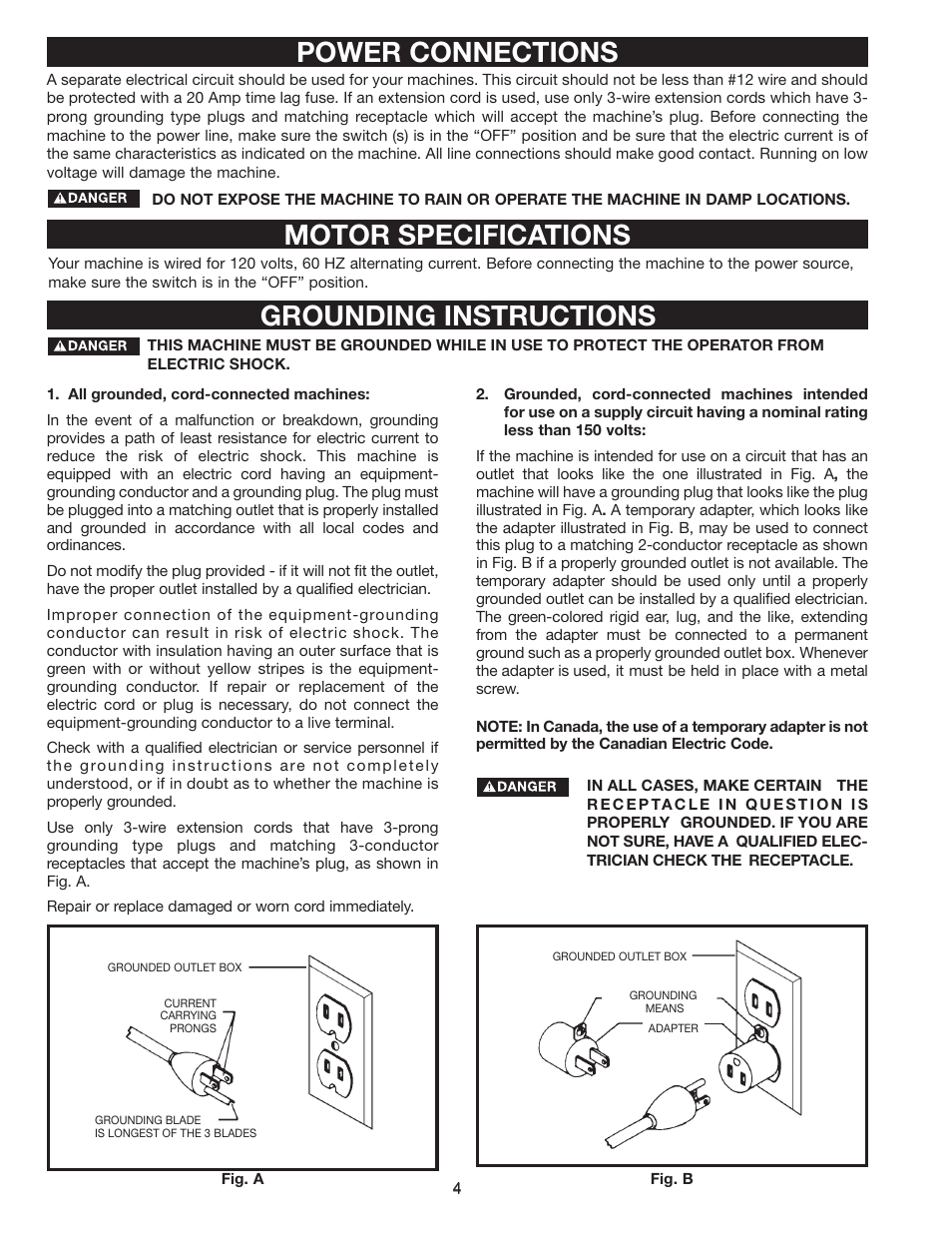 Power connections motor specifications, Grounding instructions | Delta 50-875 User Manual | Page 4 / 11