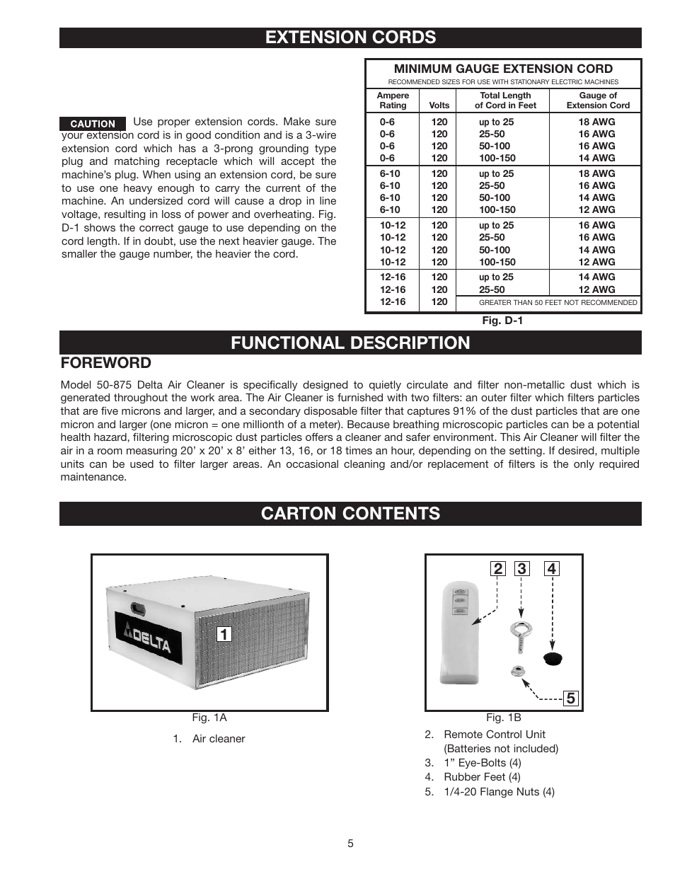 Extension cords, Functional description, Carton contents | Foreword | Delta 50-875 User Manual | Page 5 / 11