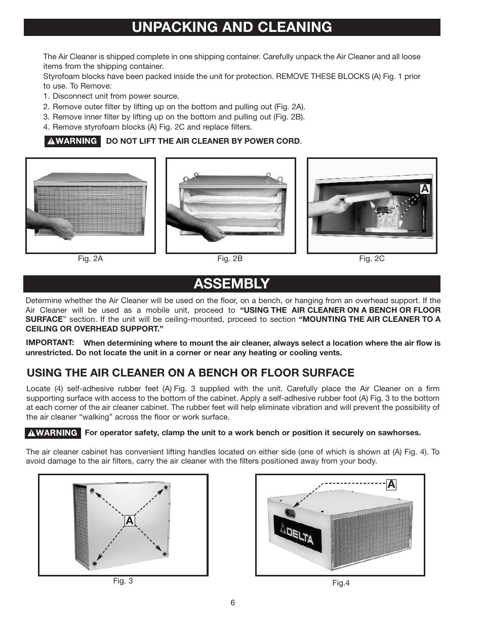 Assembly, Unpacking and cleaning, Using the air cleaner on a bench or floor surface | Delta 50-875 User Manual | Page 6 / 11