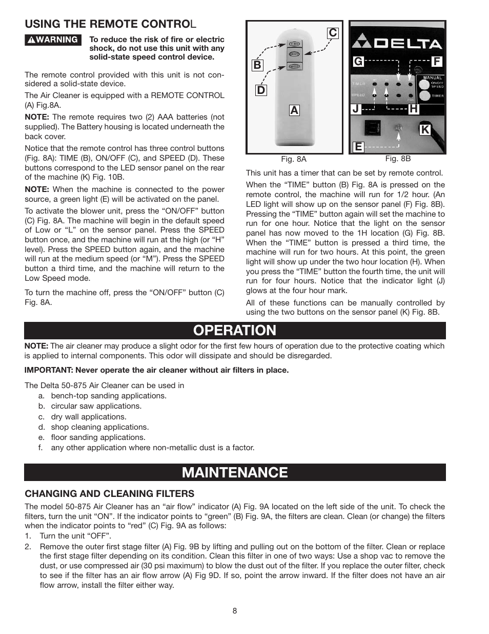 Operation, Maintenance | Delta 50-875 User Manual | Page 8 / 11