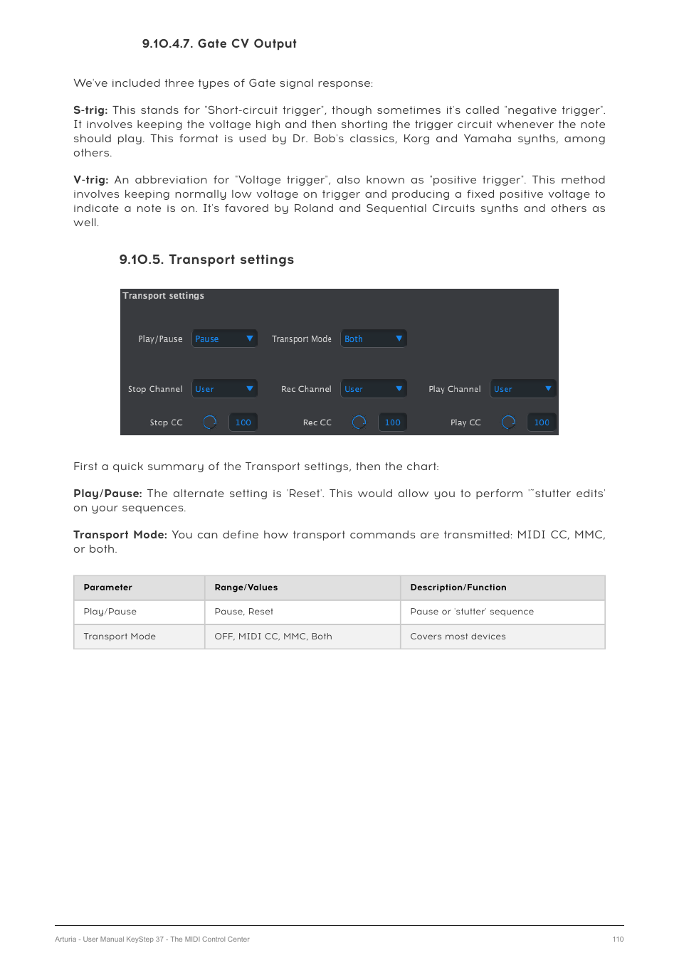 Gate cv output, Transport settings | Arturia KeyStep 37 MIDI Keyboard Controller and Sequencer User Manual | Page 115 / 119