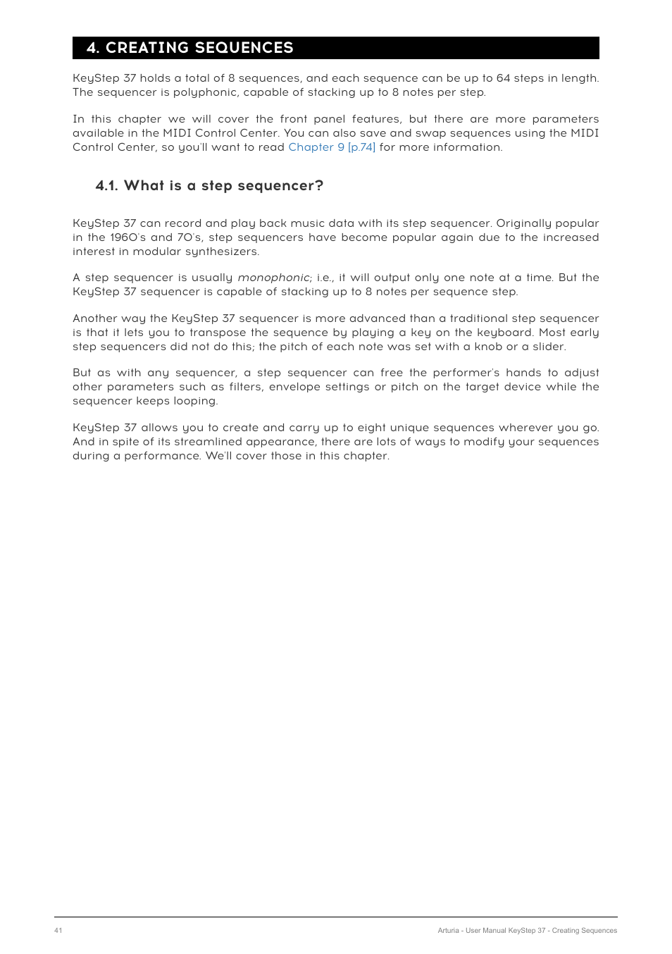 Creating sequences, What is a step sequencer, Chapter 4 [p.41 | Arturia KeyStep 37 MIDI Keyboard Controller and Sequencer User Manual | Page 46 / 119