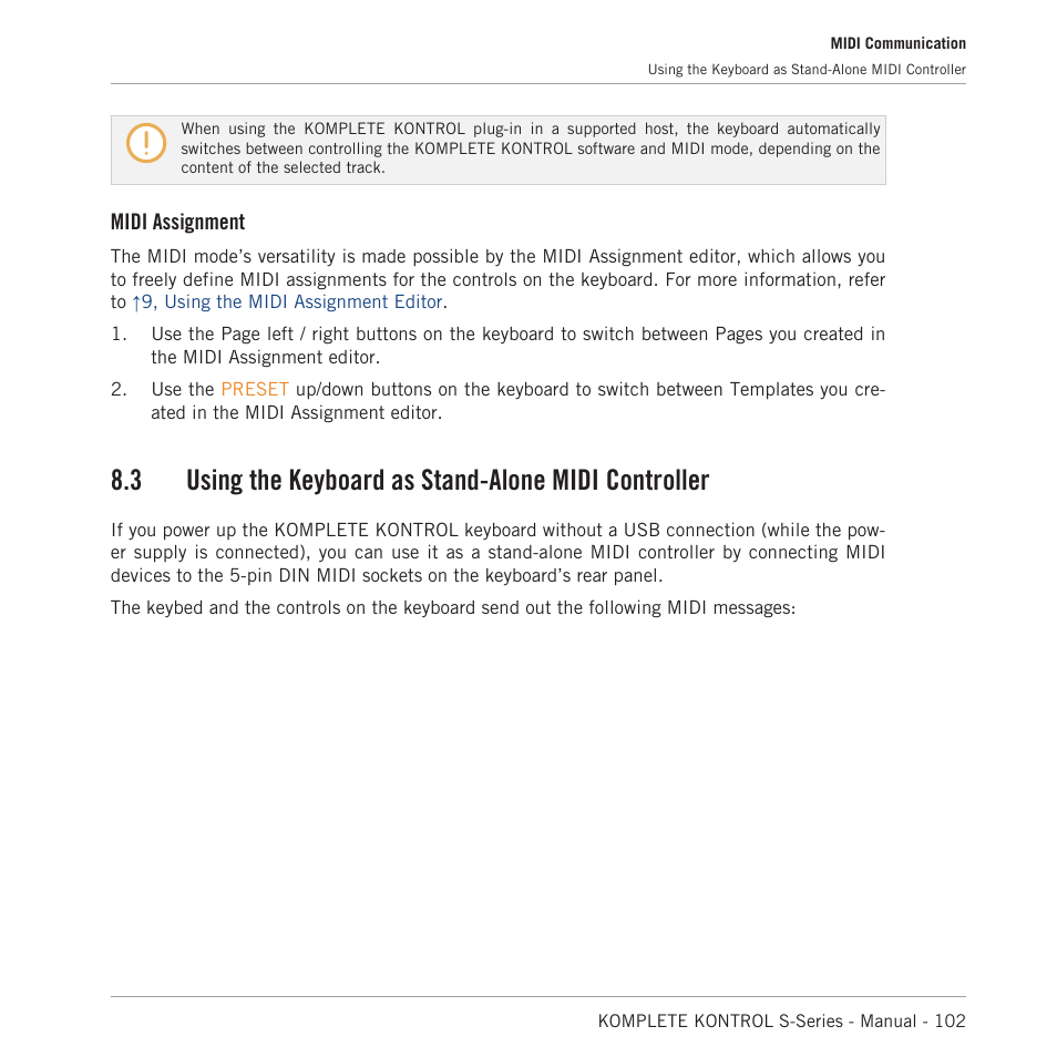 Using the keyboard as stand-alone midi controller, 3, using the keyboard as stand-alone midi control, Midi assignment | Native Instruments KOMPLETE KONTROL S88 MK2 88-Key Controller for KOMPLETE User Manual | Page 102 / 266