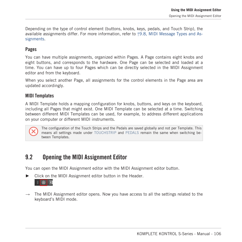 Opening the midi assignment editor, 2 opening the midi assignment editor, Pages | Midi templates | Native Instruments KOMPLETE KONTROL S88 MK2 88-Key Controller for KOMPLETE User Manual | Page 106 / 266