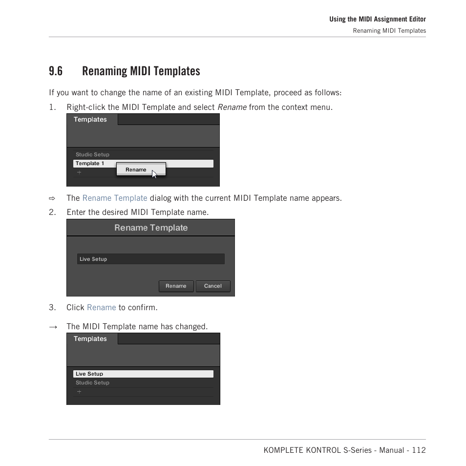 Renaming midi templates, 6 renaming midi templates | Native Instruments KOMPLETE KONTROL S88 MK2 88-Key Controller for KOMPLETE User Manual | Page 112 / 266