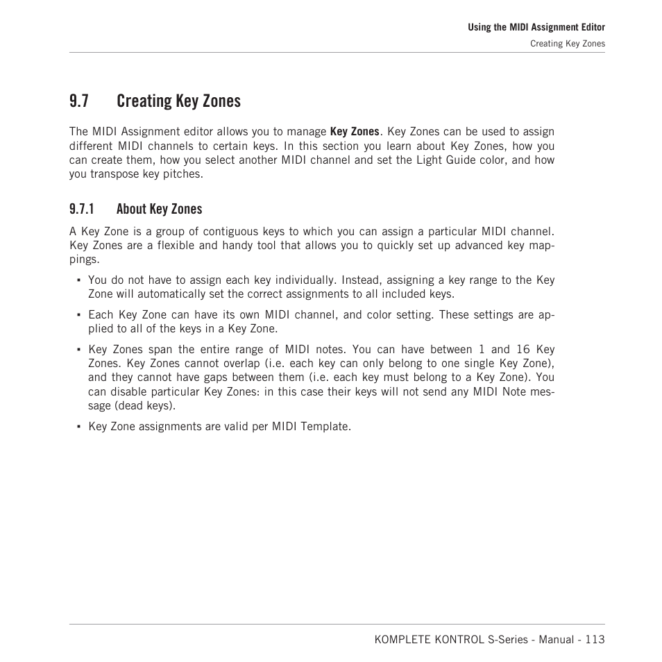 Creating key zones, About key zones, 7, creating key | Zones, 7 creating key zones, 1 about key zones | Native Instruments KOMPLETE KONTROL S88 MK2 88-Key Controller for KOMPLETE User Manual | Page 113 / 266