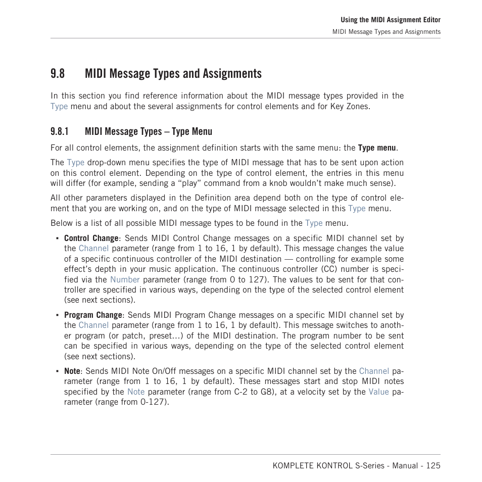 Midi message types and assignments, Midi message types – type menu, 8, midi message types and as | Signments, 8, midi message, Types and assignments, 8 midi message types and assignments, 1 midi message types – type menu | Native Instruments KOMPLETE KONTROL S88 MK2 88-Key Controller for KOMPLETE User Manual | Page 125 / 266