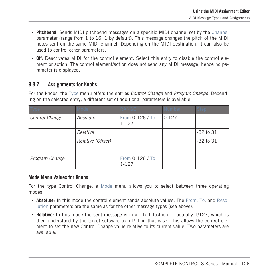 Assignments for knobs, 2 assignments for knobs, Mode menu values for knobs | Native Instruments KOMPLETE KONTROL S88 MK2 88-Key Controller for KOMPLETE User Manual | Page 126 / 266