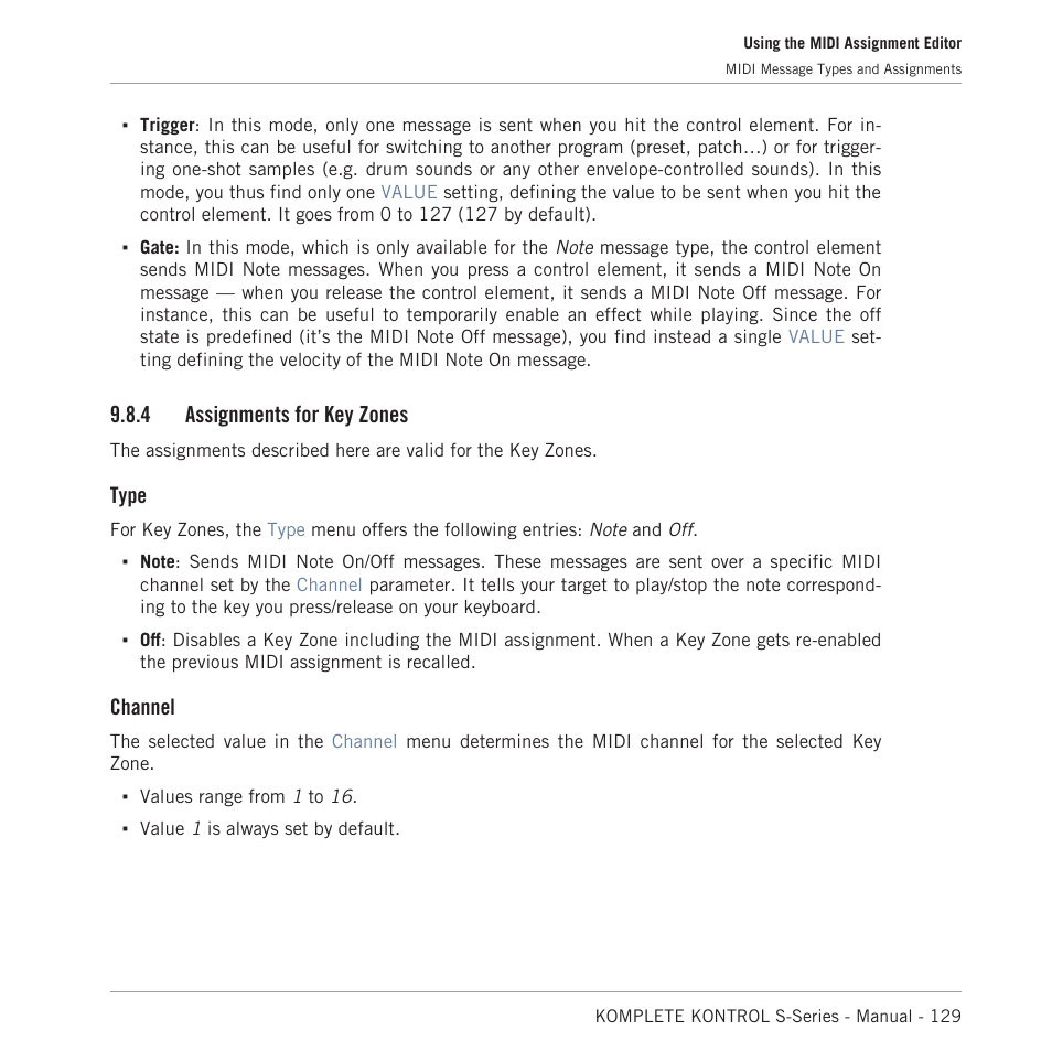 Assignments for key zones, 4 assignments for key zones, Type | Channel | Native Instruments KOMPLETE KONTROL S88 MK2 88-Key Controller for KOMPLETE User Manual | Page 129 / 266