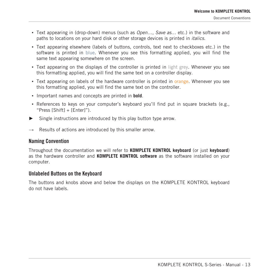 Naming convention, Unlabeled buttons on the keyboard | Native Instruments KOMPLETE KONTROL S88 MK2 88-Key Controller for KOMPLETE User Manual | Page 13 / 266