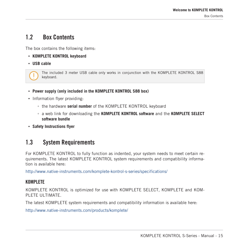 Box contents, System requirements, 2 box contents | 3 system requirements, Komplete | Native Instruments KOMPLETE KONTROL S88 MK2 88-Key Controller for KOMPLETE User Manual | Page 15 / 266