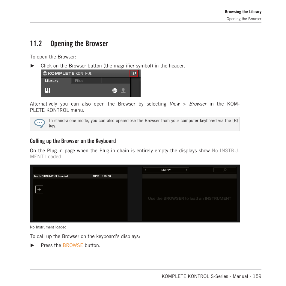 Opening the browser, 2 opening the browser, Calling up the browser on the keyboard | Native Instruments KOMPLETE KONTROL S88 MK2 88-Key Controller for KOMPLETE User Manual | Page 159 / 266