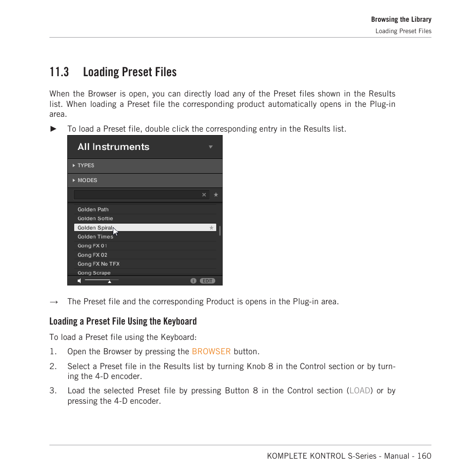 Loading preset files, 3, loading preset files, 3 loading preset files | Loading a preset file using the keyboard | Native Instruments KOMPLETE KONTROL S88 MK2 88-Key Controller for KOMPLETE User Manual | Page 160 / 266