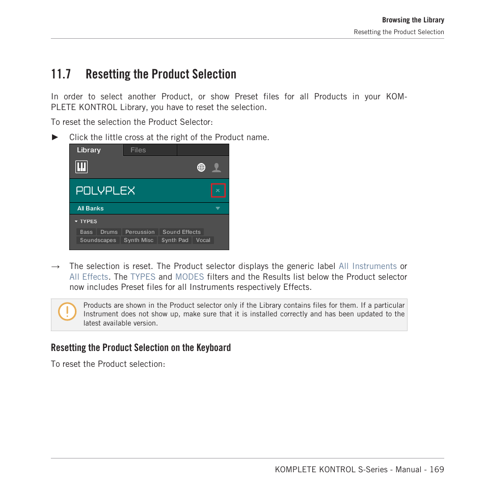 Resetting the product selection, 7 resetting the product selection, Resetting the product selection on the keyboard | Native Instruments KOMPLETE KONTROL S88 MK2 88-Key Controller for KOMPLETE User Manual | Page 169 / 266