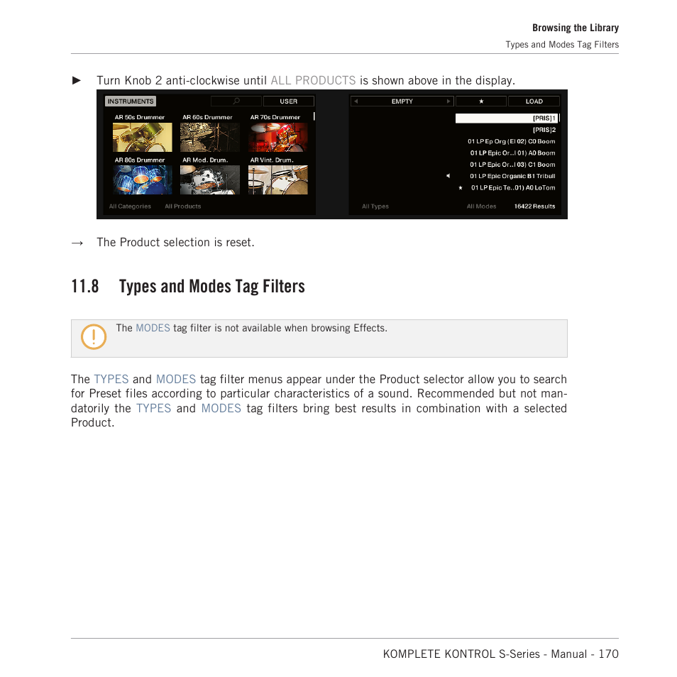 Types and modes tag filters, For more information, refer to, 8, types and modes tag filters | 8 types and modes tag filters | Native Instruments KOMPLETE KONTROL S88 MK2 88-Key Controller for KOMPLETE User Manual | Page 170 / 266