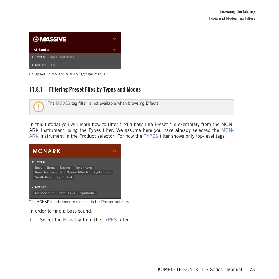 Filtering preset files by types and modes, 1 filtering preset files by types and modes | Native Instruments KOMPLETE KONTROL S88 MK2 88-Key Controller for KOMPLETE User Manual | Page 173 / 266