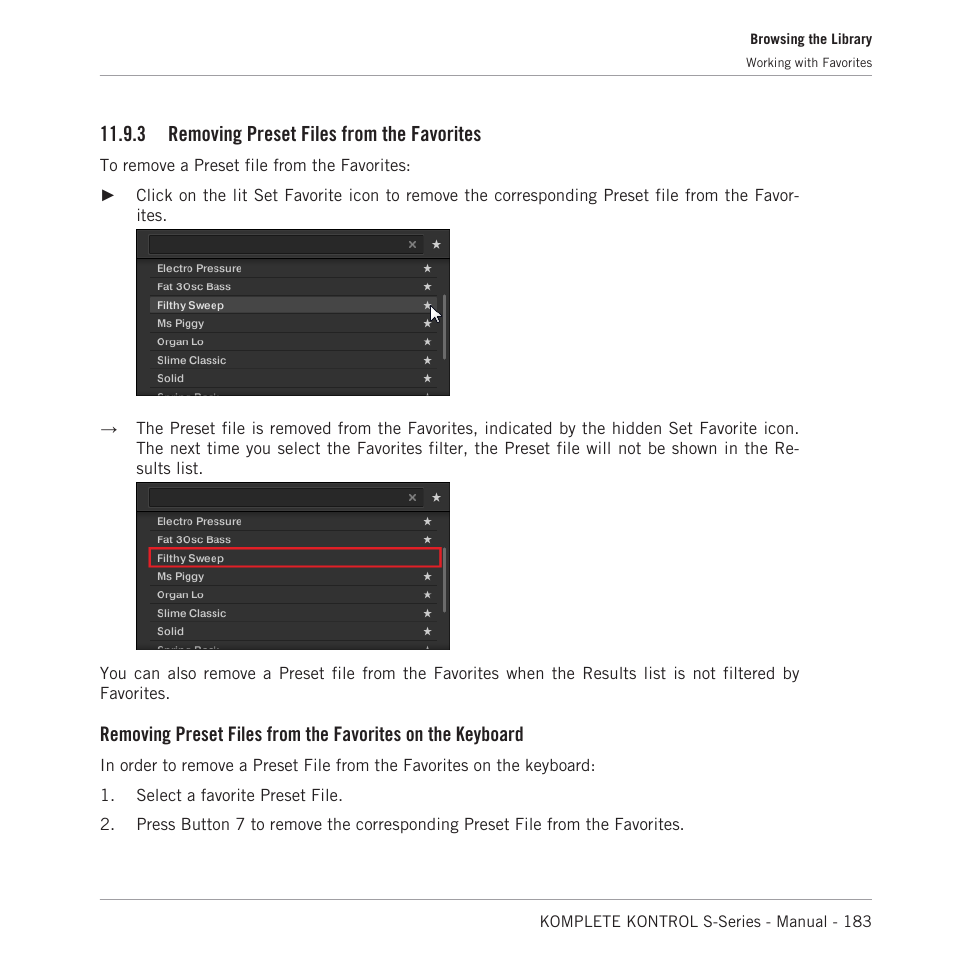 Removing preset files from the favorites, 3 removing preset files from the favorites | Native Instruments KOMPLETE KONTROL S88 MK2 88-Key Controller for KOMPLETE User Manual | Page 183 / 266
