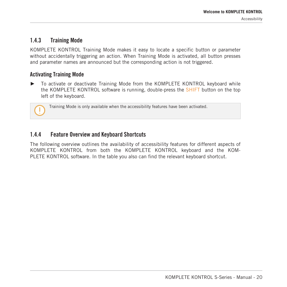 Training mode, Feature overview and keyboard shortcuts, 3 training mode | Activating training mode, 4 feature overview and keyboard shortcuts | Native Instruments KOMPLETE KONTROL S88 MK2 88-Key Controller for KOMPLETE User Manual | Page 20 / 266