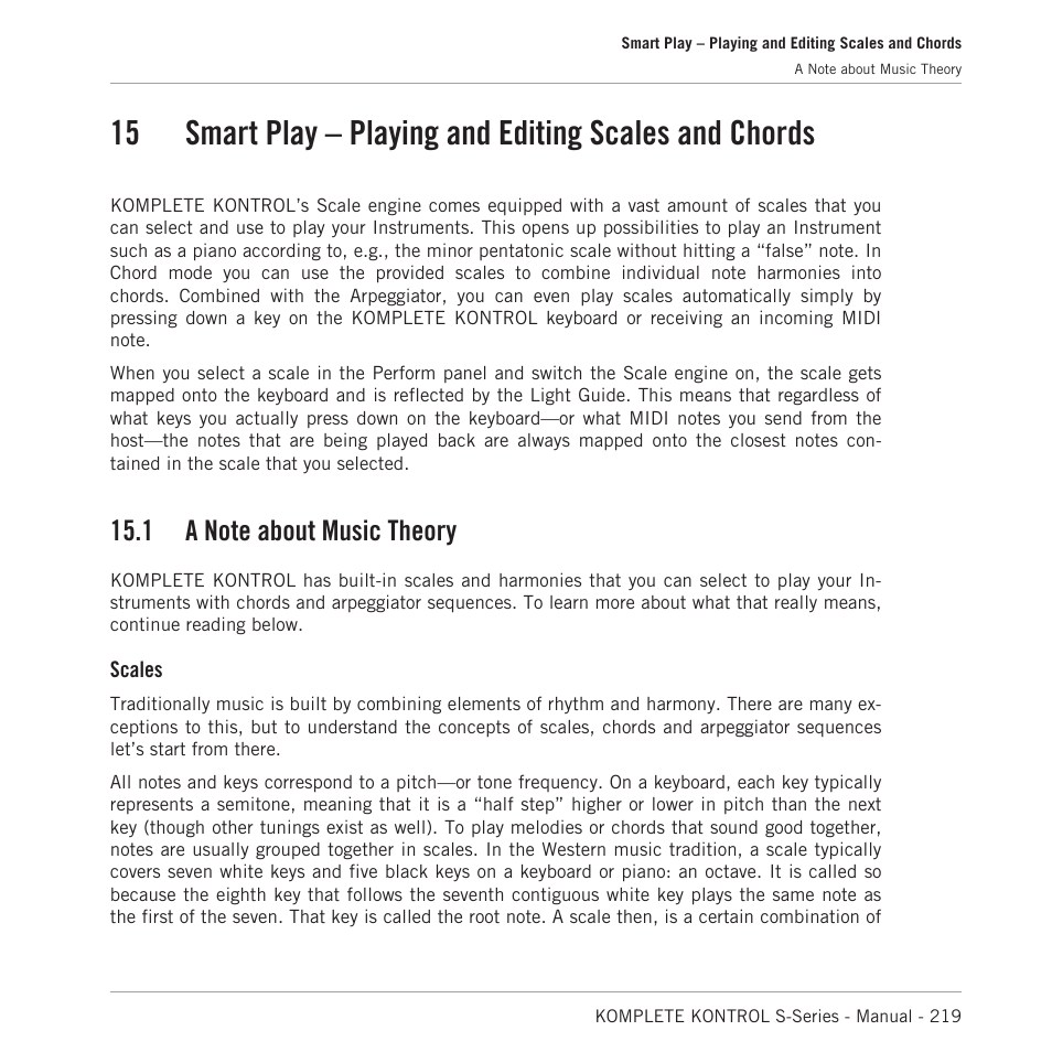 Smart play – playing and editing scales and chords, A note about music theory, 15, smart play – playing and | Editing scales and chords, 15, smart play – playing, And editing scales and chords, For more information, refer to, 15, smart play – playing and editing scales and, Chords, 15, smart | Native Instruments KOMPLETE KONTROL S88 MK2 88-Key Controller for KOMPLETE User Manual | Page 219 / 266