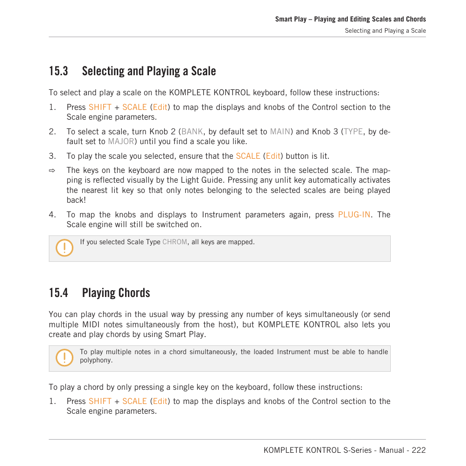 Selecting and playing a scale, Playing chords, 3 selecting and playing a scale | 4 playing chords | Native Instruments KOMPLETE KONTROL S88 MK2 88-Key Controller for KOMPLETE User Manual | Page 222 / 266