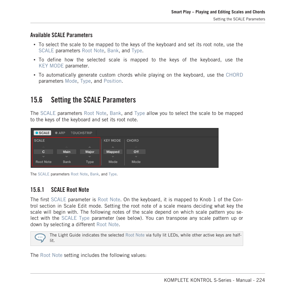 Setting the scale parameters, Scale root note, 6 setting the scale parameters | Available scale parameters | Native Instruments KOMPLETE KONTROL S88 MK2 88-Key Controller for KOMPLETE User Manual | Page 224 / 266