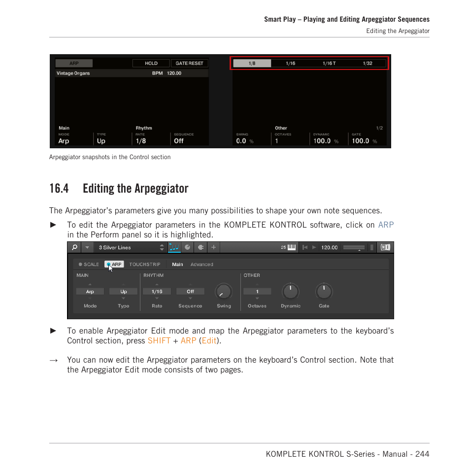 Editing the arpeggiator, 4 editing the arpeggiator | Native Instruments KOMPLETE KONTROL S88 MK2 88-Key Controller for KOMPLETE User Manual | Page 244 / 266