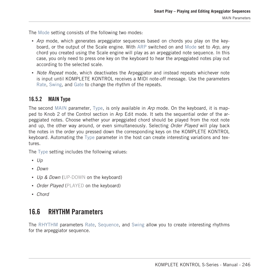 Main type, Rhythm parameters, 6 rhythm parameters | 2 main type | Native Instruments KOMPLETE KONTROL S88 MK2 88-Key Controller for KOMPLETE User Manual | Page 246 / 266