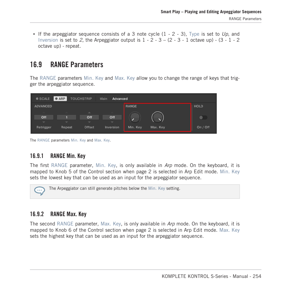 Range parameters, Range min. key, Range max. key | 9 range parameters, 1 range min. key, 2 range max. key | Native Instruments KOMPLETE KONTROL S88 MK2 88-Key Controller for KOMPLETE User Manual | Page 254 / 266