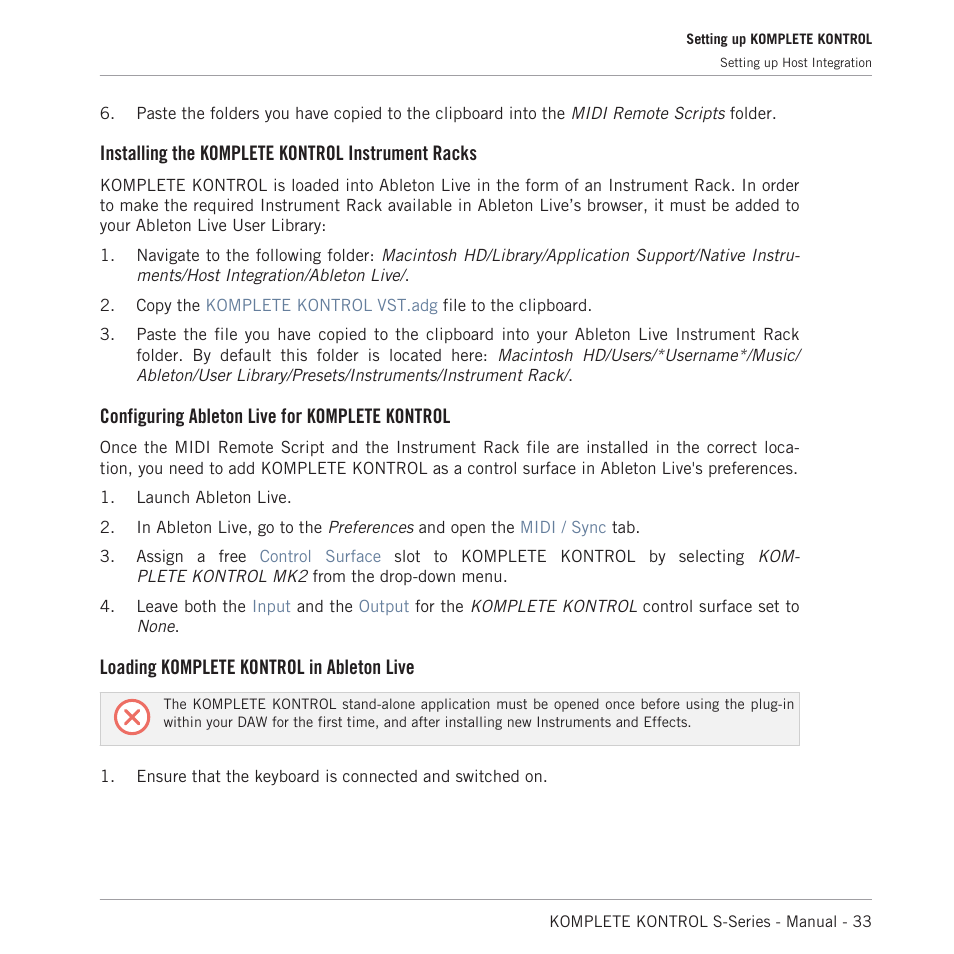 Installing the komplete kontrol instrument racks, Configuring ableton live for komplete kontrol, Loading komplete kontrol in ableton live | Native Instruments KOMPLETE KONTROL S88 MK2 88-Key Controller for KOMPLETE User Manual | Page 33 / 266