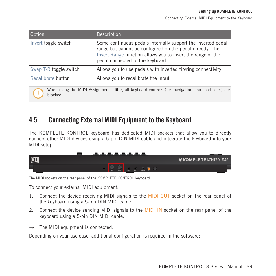 Connecting external midi equipment to the keyboard | Native Instruments KOMPLETE KONTROL S88 MK2 88-Key Controller for KOMPLETE User Manual | Page 39 / 266