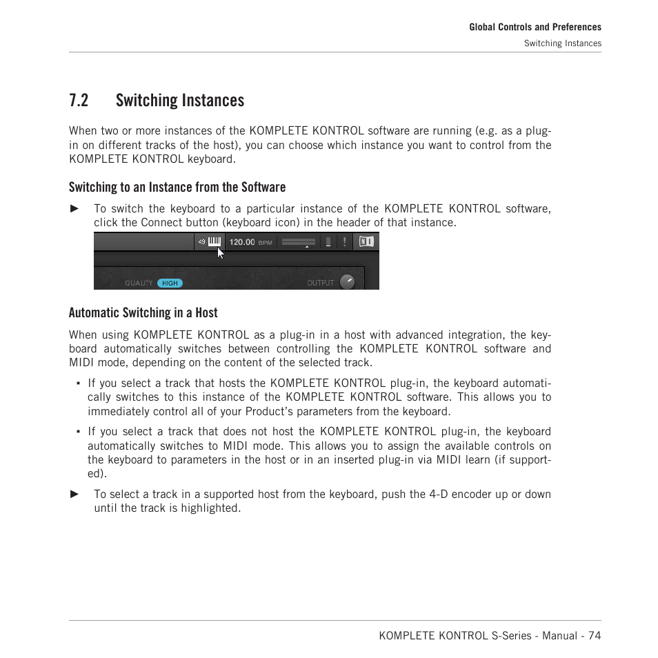 Switching instances, 2, switching instances, 2 switching instances | Switching to an instance from the software, Automatic switching in a host | Native Instruments KOMPLETE KONTROL S88 MK2 88-Key Controller for KOMPLETE User Manual | Page 74 / 266