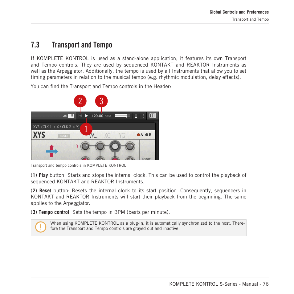 Transport and tempo, 3, transport and, Tempo | Tion, refer to, 3, transport and tempo, 3 transport and tempo | Native Instruments KOMPLETE KONTROL S88 MK2 88-Key Controller for KOMPLETE User Manual | Page 76 / 266