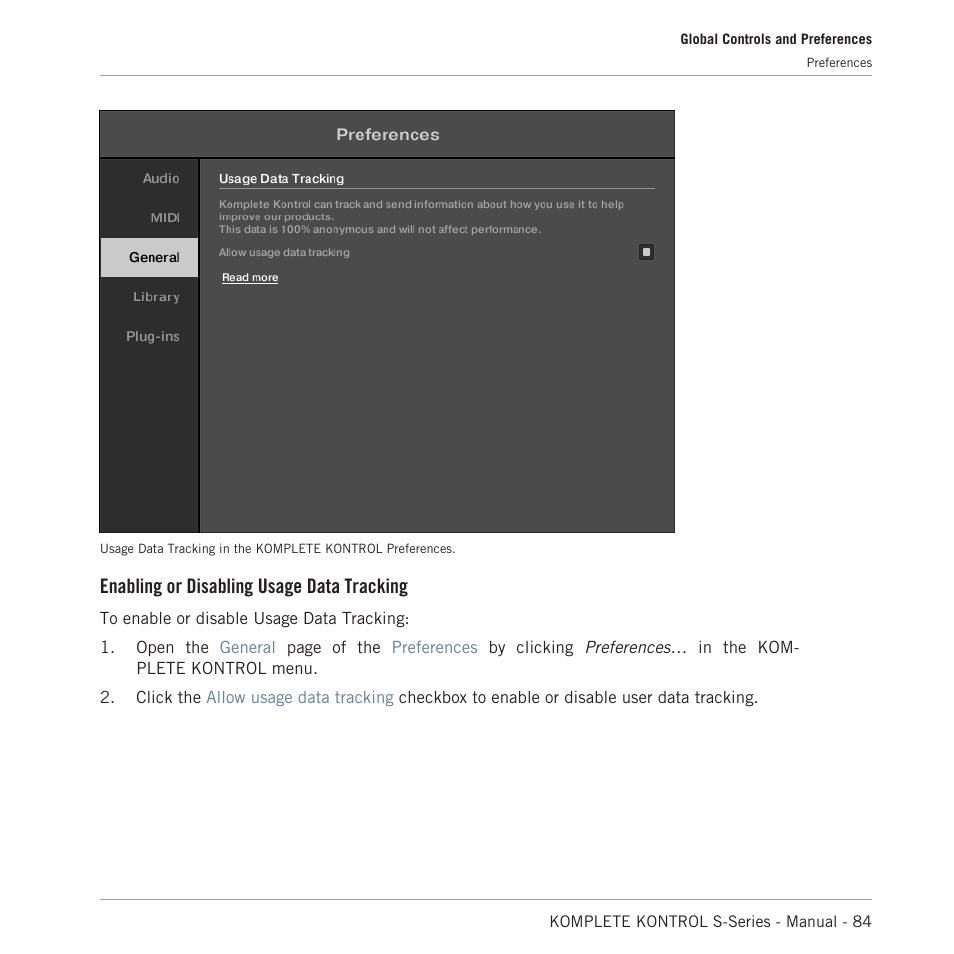 Enabling or disabling usage data tracking | Native Instruments KOMPLETE KONTROL S88 MK2 88-Key Controller for KOMPLETE User Manual | Page 84 / 266