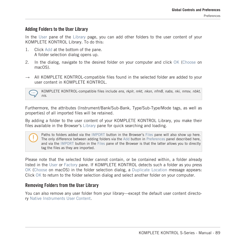 Adding folders to the user library, Removing folders from the user library | Native Instruments KOMPLETE KONTROL S88 MK2 88-Key Controller for KOMPLETE User Manual | Page 89 / 266