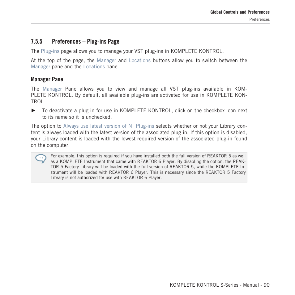 5 preferences – plug-ins page, Manager pane | Native Instruments KOMPLETE KONTROL S88 MK2 88-Key Controller for KOMPLETE User Manual | Page 90 / 266