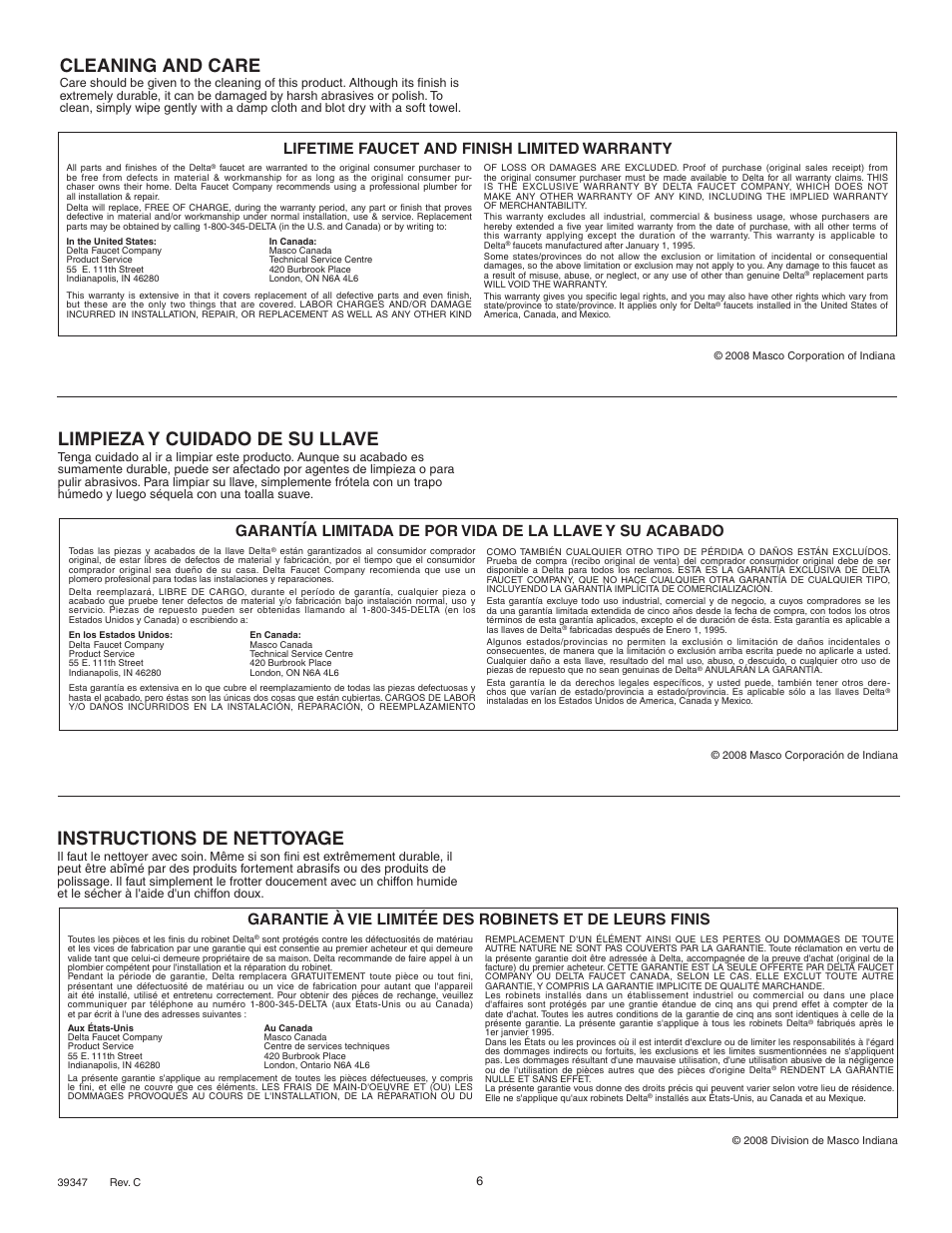 Cleaning and care, Instructions de nettoyage, Limpieza y cuidado de su llave | Lifetime faucet and finish limited warranty | Delta 101 Series User Manual | Page 6 / 6