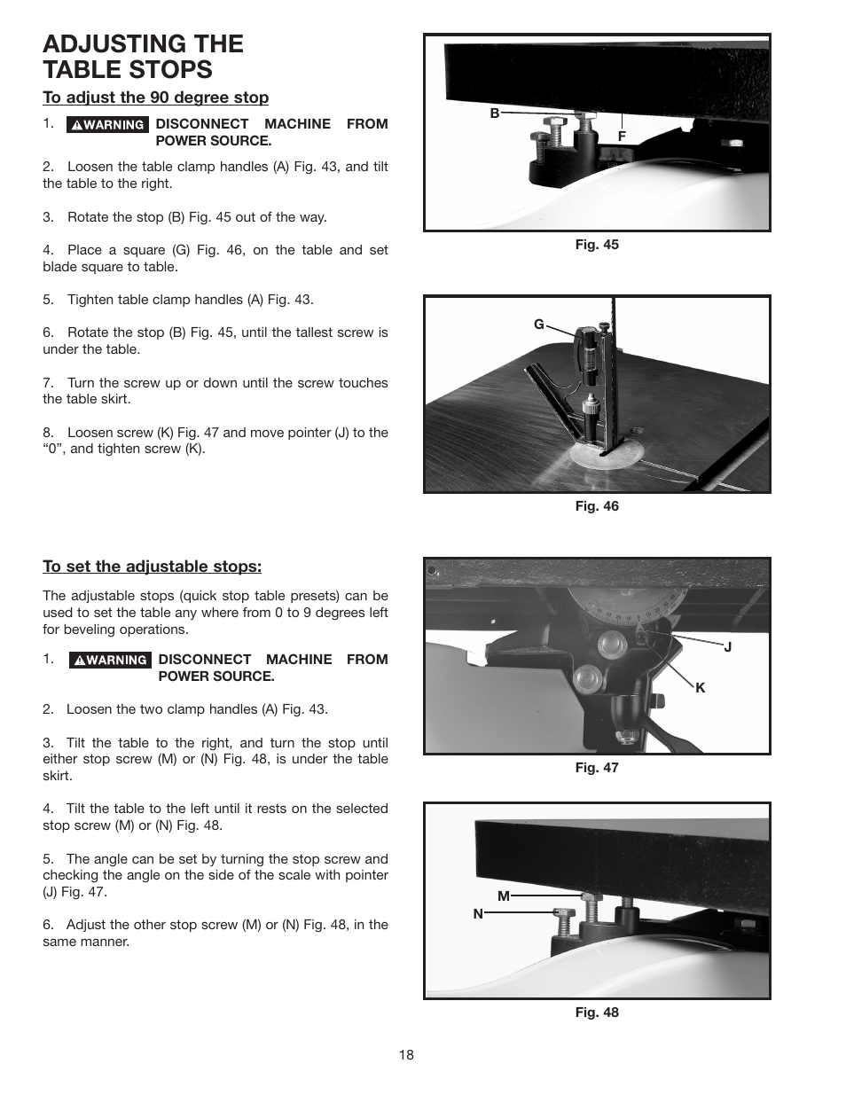 Adjusting the table stops | Delta 28-348 User Manual | Page 18 / 28
