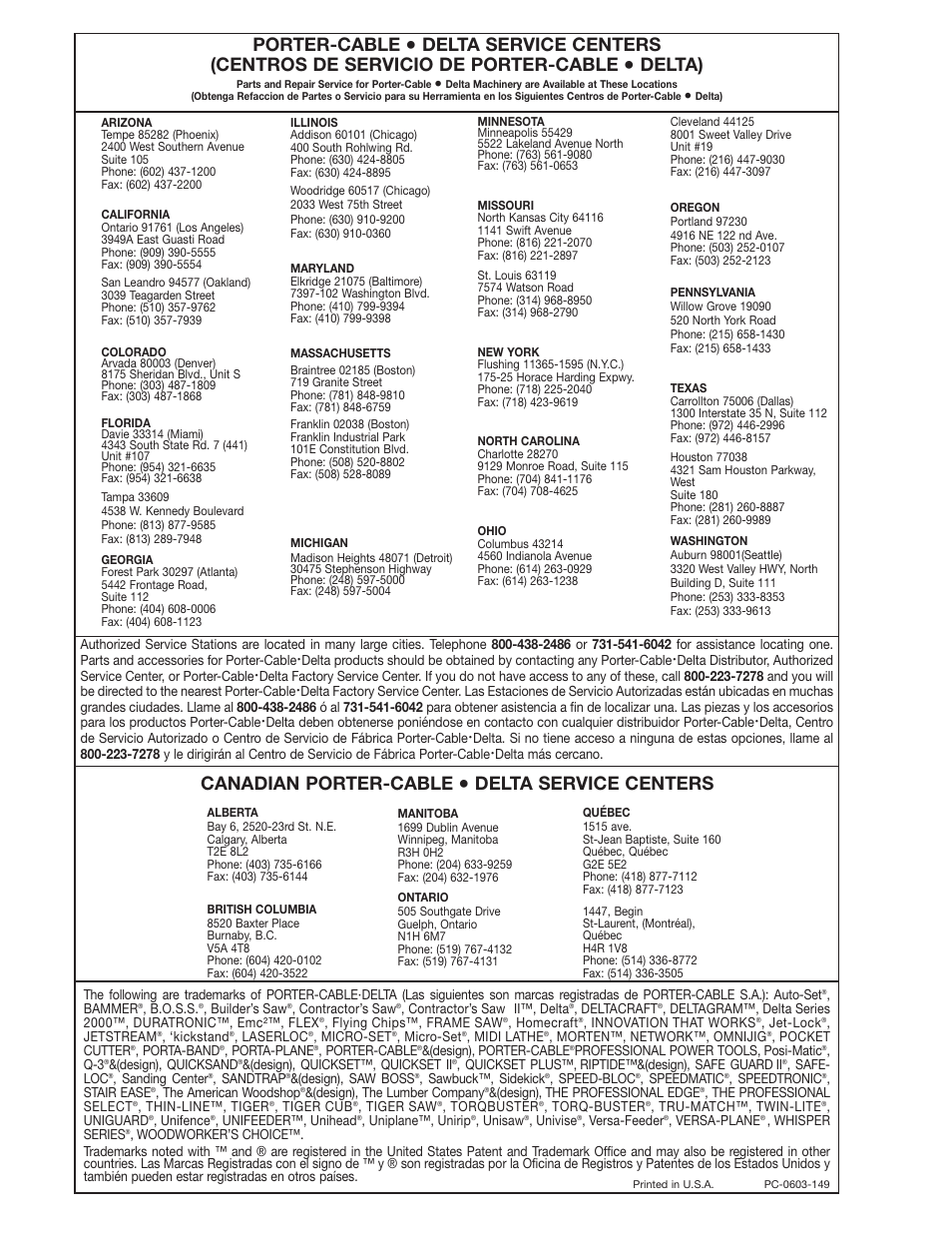 Porter-cable, Delta), Canadian porter-cable | Delta service centers | Delta 28-348 User Manual | Page 28 / 28