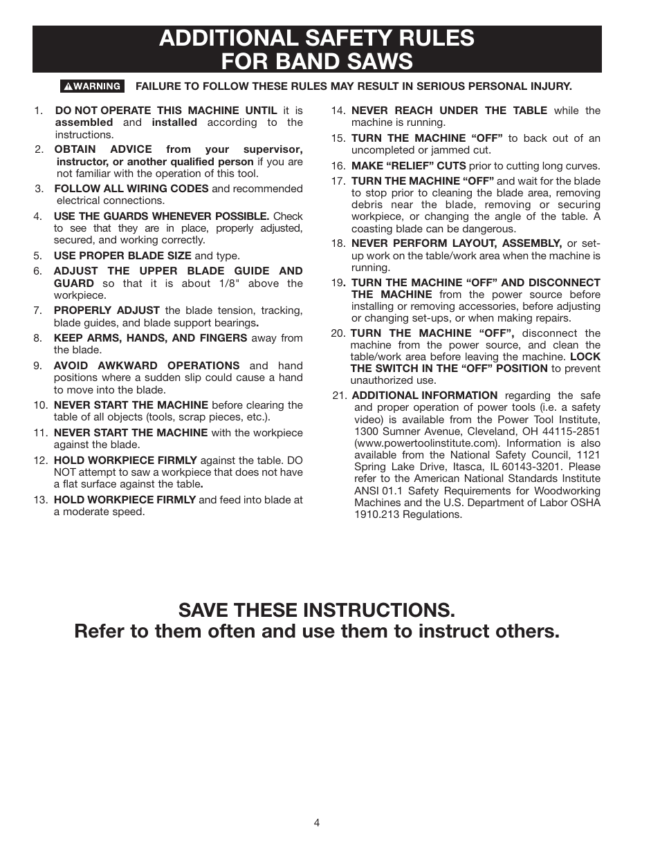 Additional safety rules for band saws | Delta 28-348 User Manual | Page 4 / 28