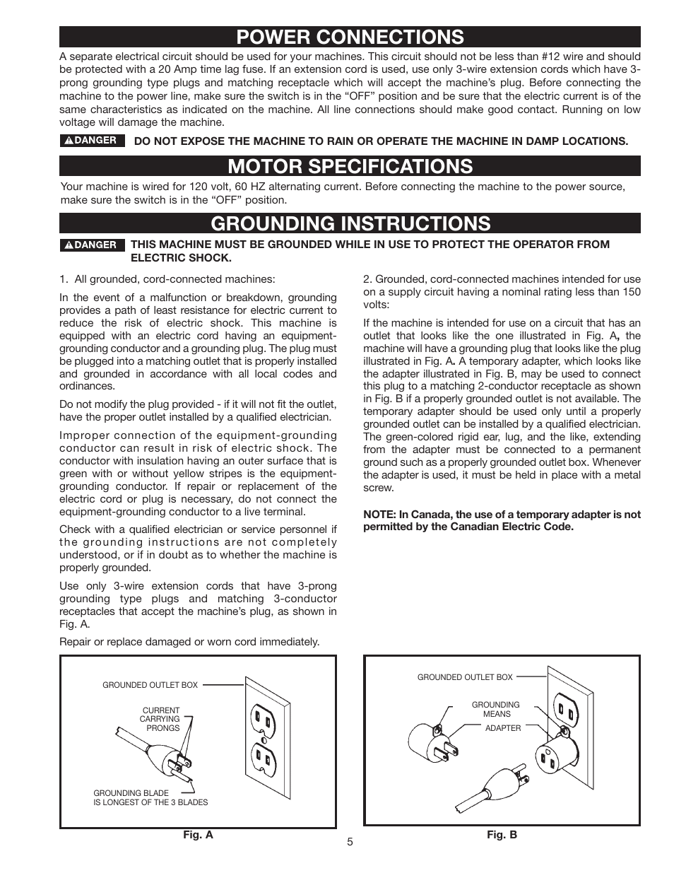 Power connections motor specifications, Grounding instructions | Delta 28-348 User Manual | Page 5 / 28