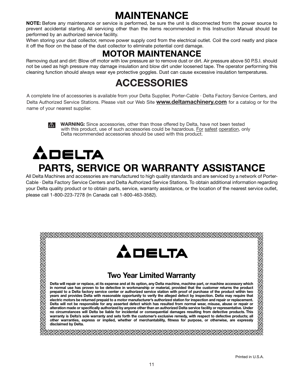 Accessories, Parts, service or warranty assistance, Maintenance | Motor maintenance, Two year limited warranty | Delta 50-775 User Manual | Page 11 / 12